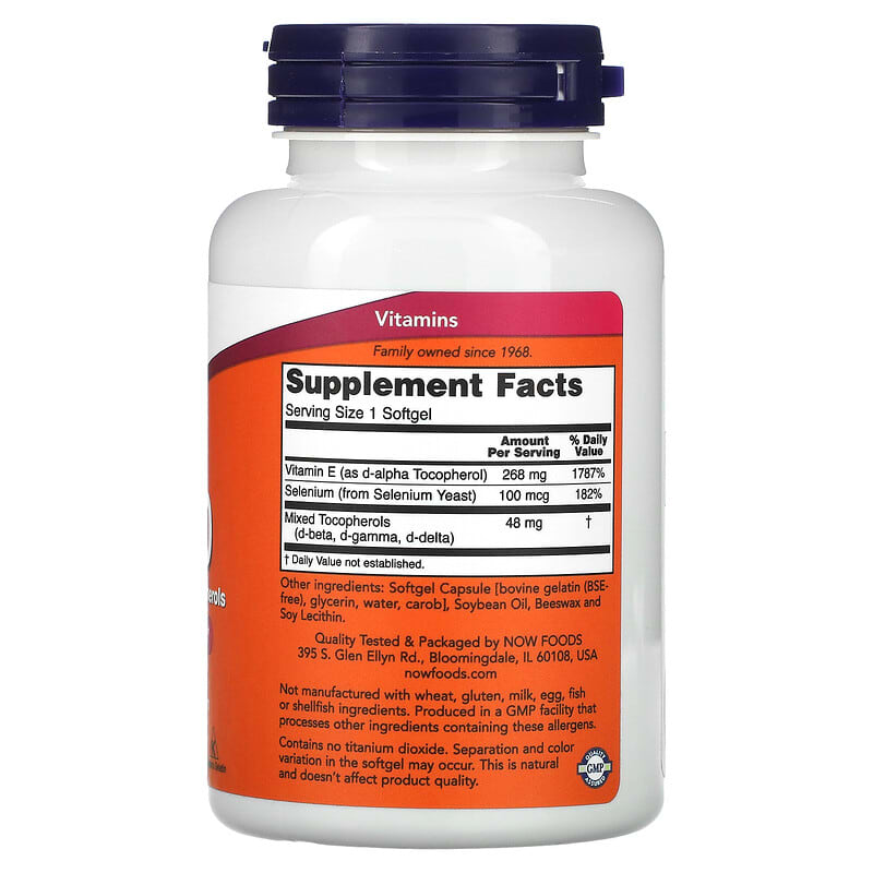 NOW Foods E-400 D-Alpha with Mixed Tocopherols 268 mg (400 IU) 100 Softgels 8 Thành phần vi chất NOW Foods E-400 D-Alpha + Mixed Tocopherols 268 mg (400 IU) 100 viên 733739009067