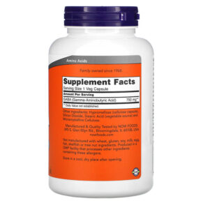 NOW Foods GABA 750 mg 200 Veg Capsules 733739001290