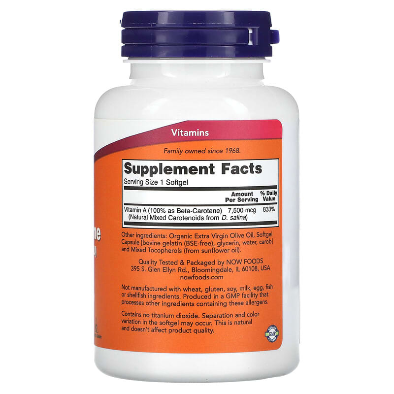 NOW Foods Natural Beta Carotene 7.500 mcg (25.000 IU) 180 Softgels 8 Thành phần vi chất NOW Foods Natural Beta Carotene 7.500 mcg (25.000 IU) 180 viên 733739003225