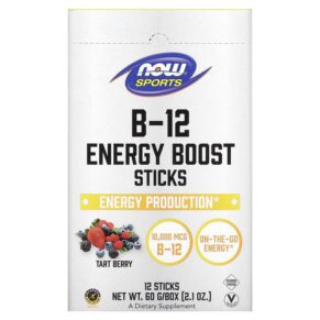 NOW Foods Sports B-12 Energy Boost Sticks Tart Berry 10.000 mcg 12 Sticks 2.1 oz (60 g) 733739005038