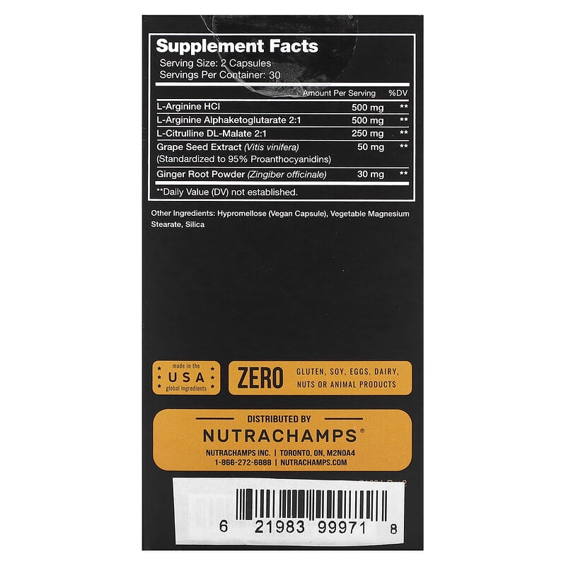 NutraChamps L-Arginine 60 Easy-to-Swallow Veggie Capsules 8 Thành phần vi chất NutraChamps L-Arginine 60 Easy-to-Swallow viên 621983999718