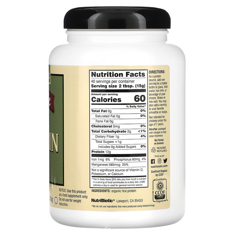 NutriBiotic Organic Rice Protein Powder Plain 1 lb 5.16 oz (600 g) 8 Thành phần vi chất NutriBiotic Organic Rice Protein Powder Plain 1 lb 5.16 oz (600 g) 728177030001