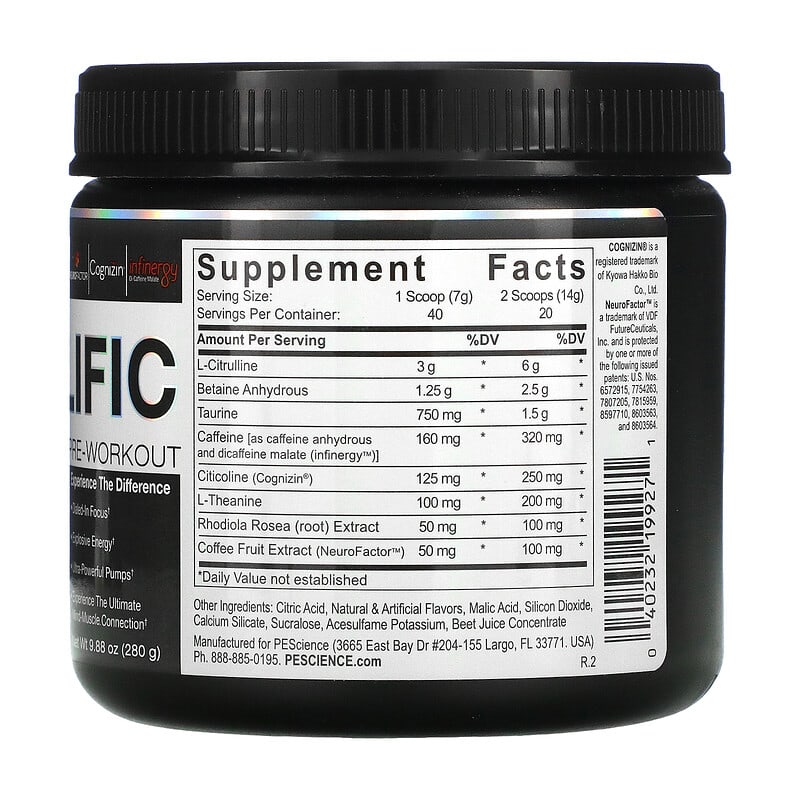 PEScience Prolific Pre-Workout Melon Berry Twist 9.88 oz (280 g) 8 Thành phần vi chất PEScience Prolific Pre-Workout Melon Berry Twist 9.88 oz (280 g) 040232199271