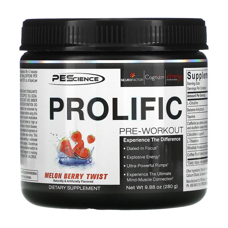 PEScience Prolific Pre-Workout Melon Berry Twist 9.88 oz (280 g) 1 PEScience Prolific Pre-Workout Melon Berry Twist 9.88 oz (280 g) 040232199271