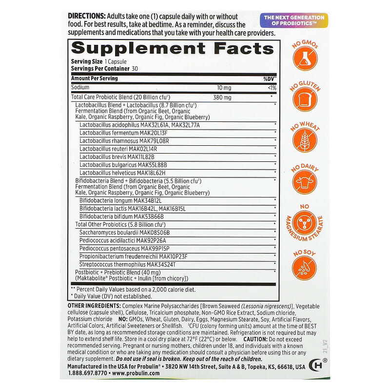 Probulin Total Care Probiotic 20 Billion CFU 30 Capsules 8 Thành phần vi chất Probulin Total Care Probiotic 20 Billion CFU 30 viên 855757003435