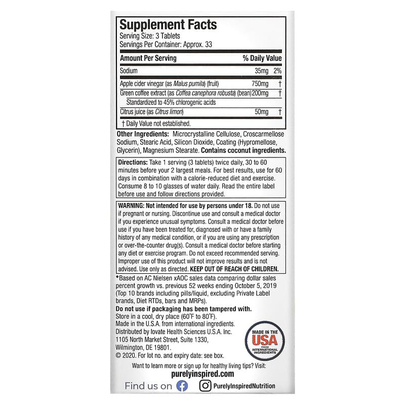 Purely Inspired Apple Cider Vinegar+ 100 Easy-to-Swallow Veggie Tablets 8 Thành phần vi chất Purely Inspired Apple Cider Vinegar+ 100 Easy-to-Swallow viên 631656608526
