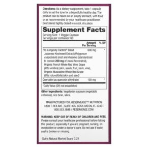 Reserveage Nutrition Resveratrol 250 mg 60 Veggie Capsules 094922978622