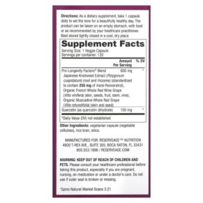 Reserveage Nutrition Resveratrol Trans-Resveratrol 250 mg 120 Veggie Capsules 094922002815