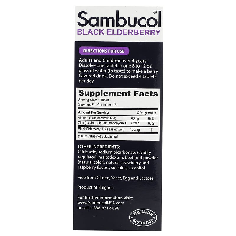 Sambucol Black Elderberry + Vitamin C & Zinc 15 Effervescent Tablets 8 Thành phần vi chất Sambucol Black Elderberry + Vitamin C & Zinc 15 Effervescent viên 896116001297
