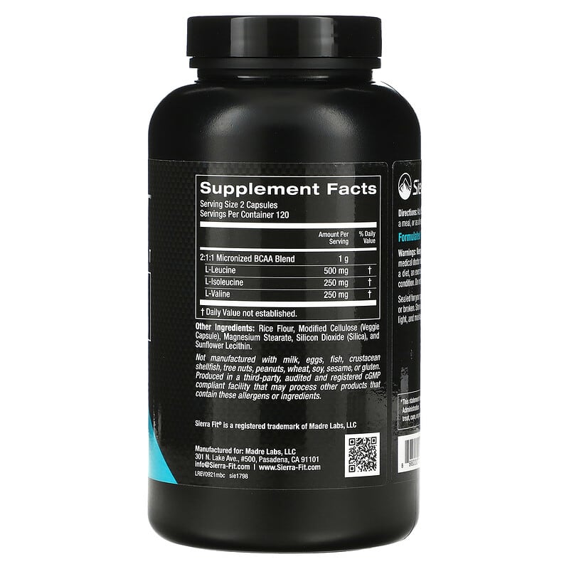 Sierra Fit Micronized BCAA Branched Chain Amino Acids 500 mg 240 Veggie Capsules 8 Thành phần vi chất Sierra Fit Micronized BCAA Branched Chain Amino Acids 500 mg 240 viên 898220017980
