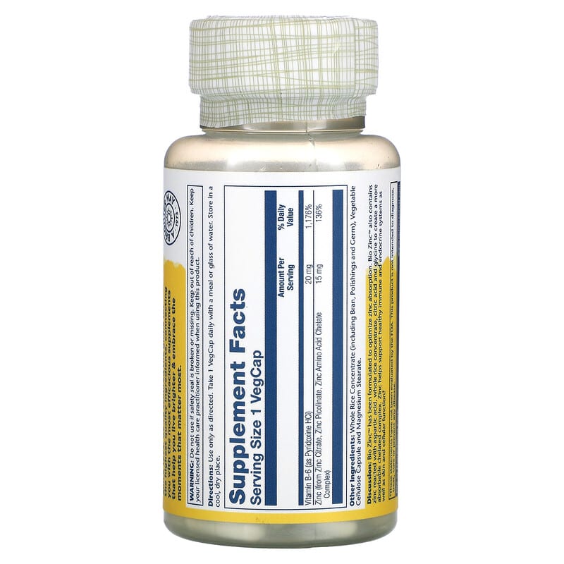 Solaray Bio Zinc 15 mg 100 VegCaps 8 Thành phần vi chất Solaray Bio Zinc 15 mg 100 viên 076280047059