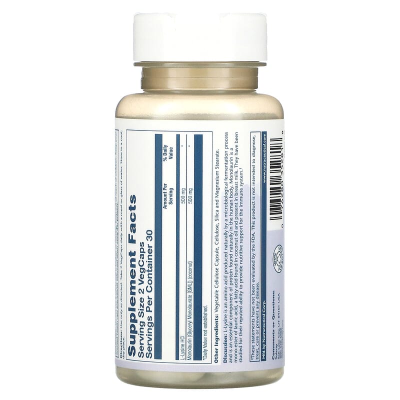 Solaray L-Lysine Monolaurin 1:1 Ratio 60 VegCaps 2 Solaray L-Lysine Monolaurin 1:1 Ratio 60 VegCaps 076280352818