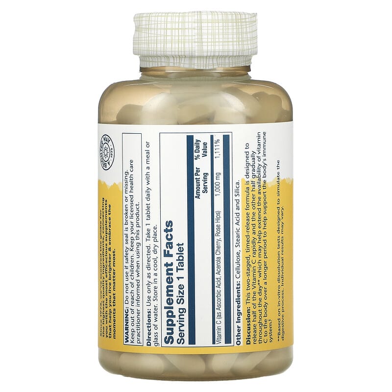 Solaray Timed Release Vitamin C with Rose Hips & Acerola 1.000 mg 250 Tablets 8 Thành phần vi chất Solaray Timed Release Vitamin C + Rose Hips & Acerola 1.000 mg 250 viên 076280044546
