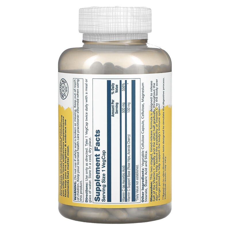 Solaray Timed Release Vitamin C with Rose Hips & Acerola 500 mg 250 VegCaps 8 Thành phần vi chất Solaray Timed Release Vitamin C + Rose Hips & Acerola 500 mg 250 viên 076280044010