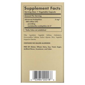 Solgar Advanced Acidophilus 100 Vegetable Capsules 033984000186