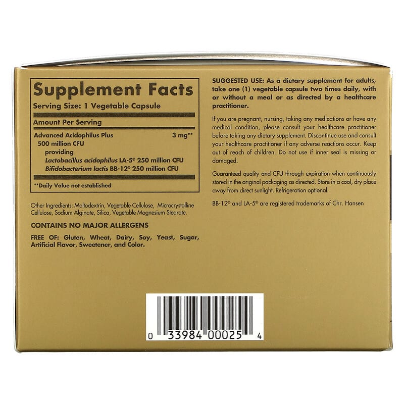 Solgar Advanced Acidophilus Plus 120 Vegetable Capsules 8 Thành phần vi chất Solgar Advanced Acidophilus Plus 120 viên 033984000254