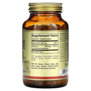 Solgar Chromium Picolinate 200 mcg 180 Vegetable Capsules 033984008670