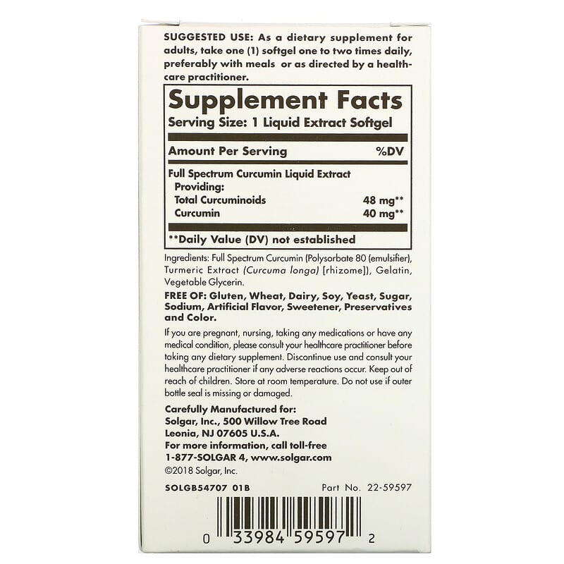 Solgar Full Spectrum Curcumin 30 Liquid Extract Softgels 8 Thành phần vi chất Solgar Full Spectrum Curcumin 30 viên 033984595972