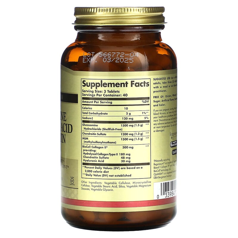 Solgar Glucosamine Hyaluronic Acid Chondroitin MSM 120 Tablets 8 Thành phần vi chất Solgar Glucosamine Hyaluronic Acid Chondroitin MSM 120 viên 033984013179