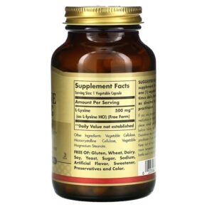 Solgar L-Lysine Free Form 500 mg 100 Vegetable Capsules 033984016811
