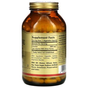 Solgar L-Lysine Free Form 500 mg 250 Vegetable Capsules 033984016828