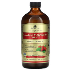 Solgar Liquid Calcium Magnesium Citrate + Vitamin D3 Strawberry 16 fl oz (473 ml) 033984358331
