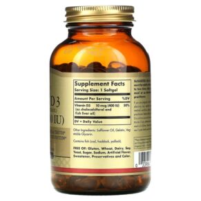 Solgar Vitamin D3 10 mcg (400 IU) 250 Softgels 033984033214