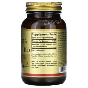 Solgar Vitamin D3 (Cholecalciferol) 125 mcg (5000 IU) 120 Vegetable Capsules 033984033139