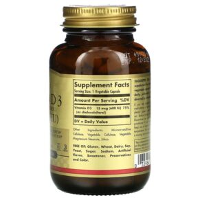 Solgar Vitamin D3 (Cholecalciferol) 15 mcg (600 IU) 120 Vegetable Capsules 033984033191