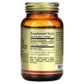 Solgar Vitamin E Naturally Sourced 268 mg (400 IU) 100 Softgels 033984035218
