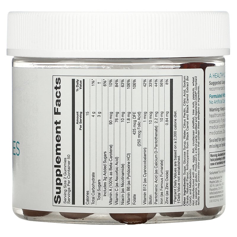 Solumeve Multi-Vitamin Gummies Gelatin Free Grape Flavor 100 Vegetarian Gummies 8 Thành phần vi chất Solumeve Multi-Vitamin Gelatin Free Grape Flavor 100 viên 898220014453