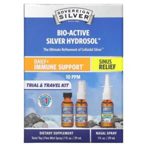 Sovereign Silver Bio-Active Silver Hydrosol Daily + Immune Support Sinus Relief Trial & Travel Kit 10 PPM 3 Piece Kit 1 fl oz (29 ml) 684088700078