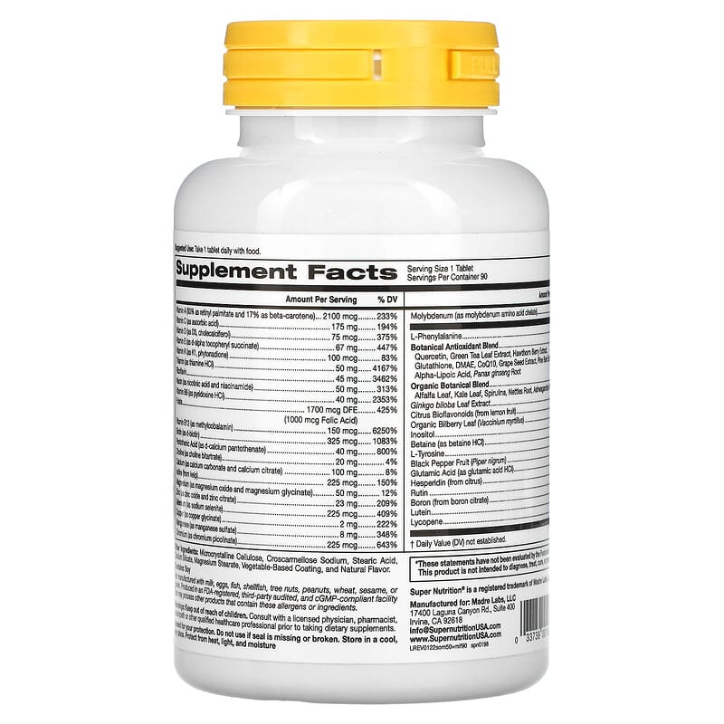 Super Nutrition SimplyOne Men's 50+ Multivitamin with Supporting Herbs Iron Free 90 Tablets 8 Thành phần vi chất Super Nutrition SimplyOne Men's 50+ Multivitamin + Supporting Herbs Iron Free 90 viên 033739001987