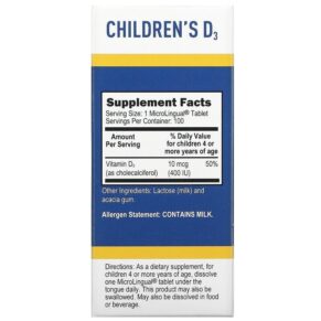 Superior Source Children's D3 10 mcg (400 IU) 100 MicroLingual Instant Dissolve Tablets 076635910502