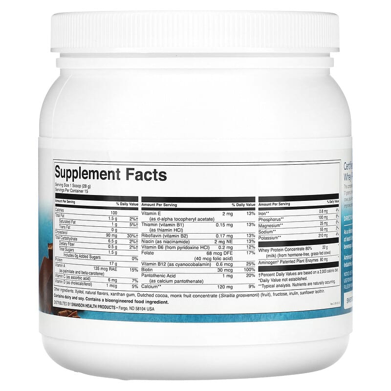Swanson Certified rBGH-Free Grass-Fed Whey Protein Powder Chocolate 14.8 oz (420 g) 8 Thành phần vi chất Swanson Certified rBGH-Free Grass-Fed Whey Protein Powder Chocolate 14.8 oz (420 g) 087614024752