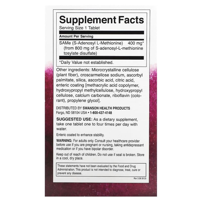 Swanson SAMe High Potency 400 mg 30 Tablets 8 Thành phần vi chất Swanson SAMe High Potency 400 mg 30 viên 087614022185