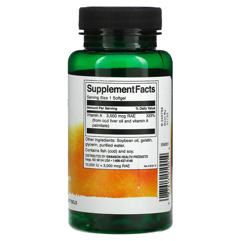 Swanson Vitamin A 10.000 IU 250 Softgels 8 Thành phần vi chất Swanson Vitamin A 10.000 IU 250 viên 087614010014
