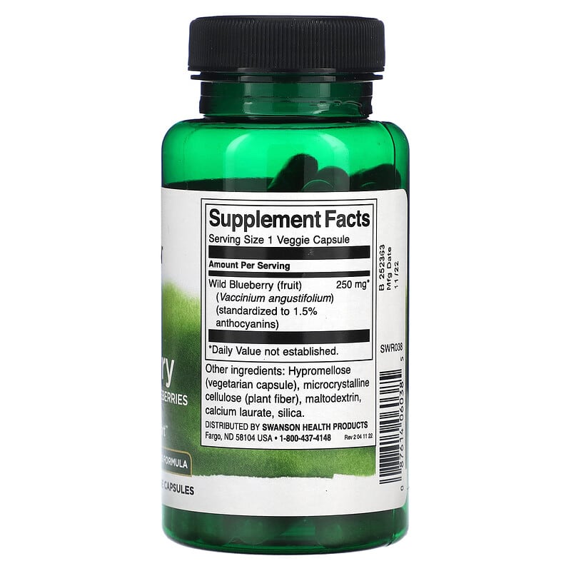 Swanson Wild Blueberry with Whole Wild Blueberries 250 mg 90 Veggie Capsules 8 Thành phần vi chất Swanson Wild Blueberry + Whole Wild Blueberries 250 mg 90 viên 087614060385