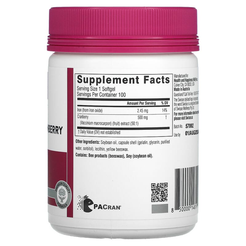 Swisse Ultiboost High Strength Cranberry 25.000 mg 100 Softgels 8 Thành phần vi chất Swisse Ultiboost High Strength Cranberry 25.000 mg 100 viên 850000148192