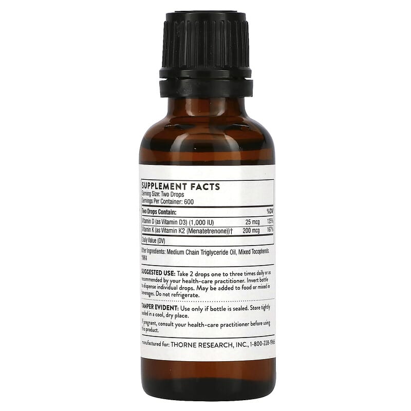 Thorne Vitamin D/K2 1 fl oz (30 ml) 8 Thành phần vi chất Thorne Vitamin D/K2 1 fl oz (30 ml) 693749500018