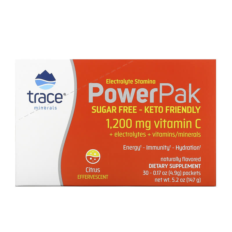 Trace Minerals ® Electrolyte Stamina PowerPak Sugar Free Citrus 30 Packets 0.17 oz (4.9 g) Each 8 Thành phần vi chất Trace Minerals ® Electrolyte Stamina PowerPak Sugar Free Citrus 30 gói 0.17 oz (4.9 g) 878941005558