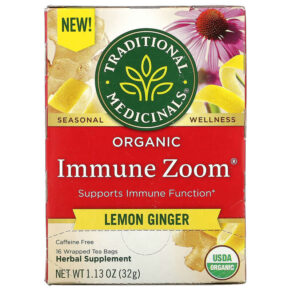 Traditional Medicinals Organic Immune Zoom Lemon Ginger Caffeine Free 16 Wrapped Tea Bags 1.13 oz (32 g) 032917007841