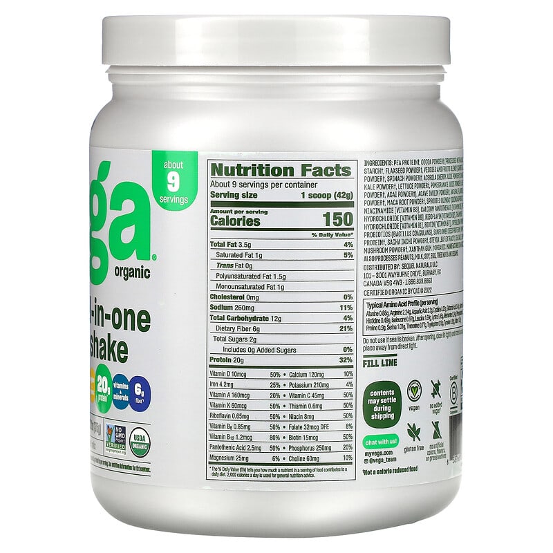 Vega Organic All-in-One Shake Chocolate 13.2 oz (375 g) 8 Thành phần vi chất Vega Organic All-in-One Shake Chocolate 13.2 oz (375 g) 838766004884