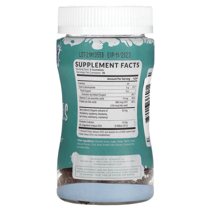 Vitaburst Vitaburst Pro Gummies Probiotic Digestive Support Berry 60 Gummies 8 Thành phần vi chất Vitaburst Vitaburst Pro Probiotic Digestive Support Berry 60 viên 850013366071