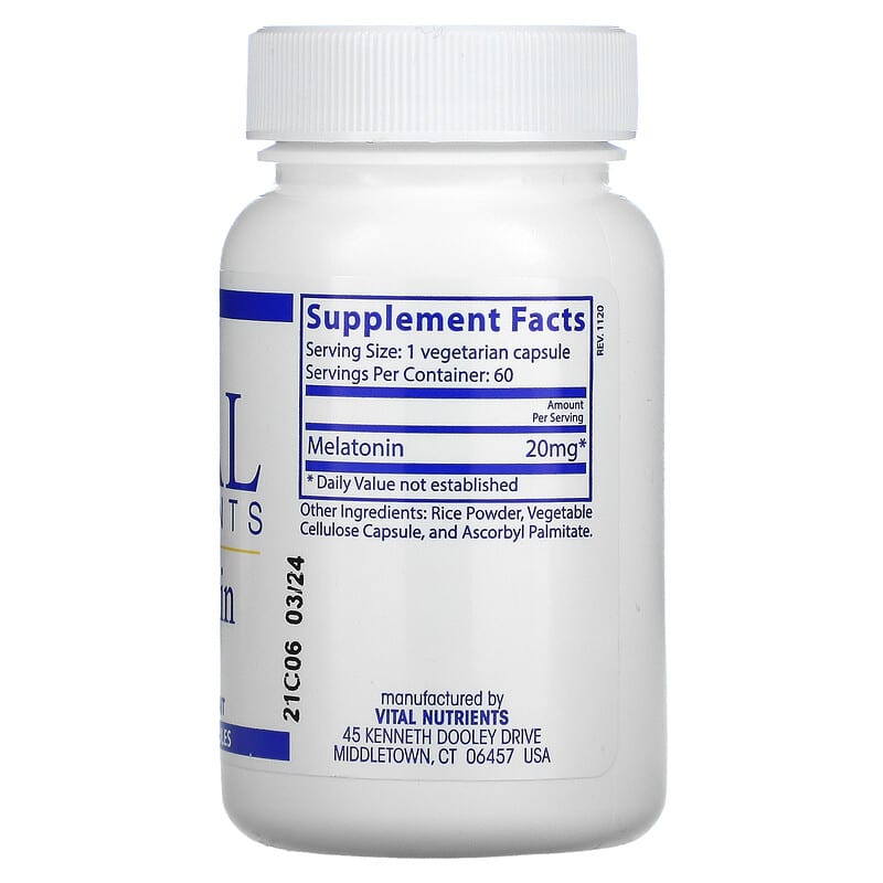 Vital Nutrients Melatonin 20 mg 60 Vegetarian Capsules 8 Thành phần vi chất Vital Nutrients Melatonin 20 mg 60 viên 693465419113