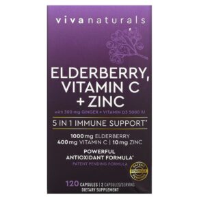 Viva Naturals Elderberry Vitamin C + Zinc 5 in 1 Immune Support 120 viên 811067031780