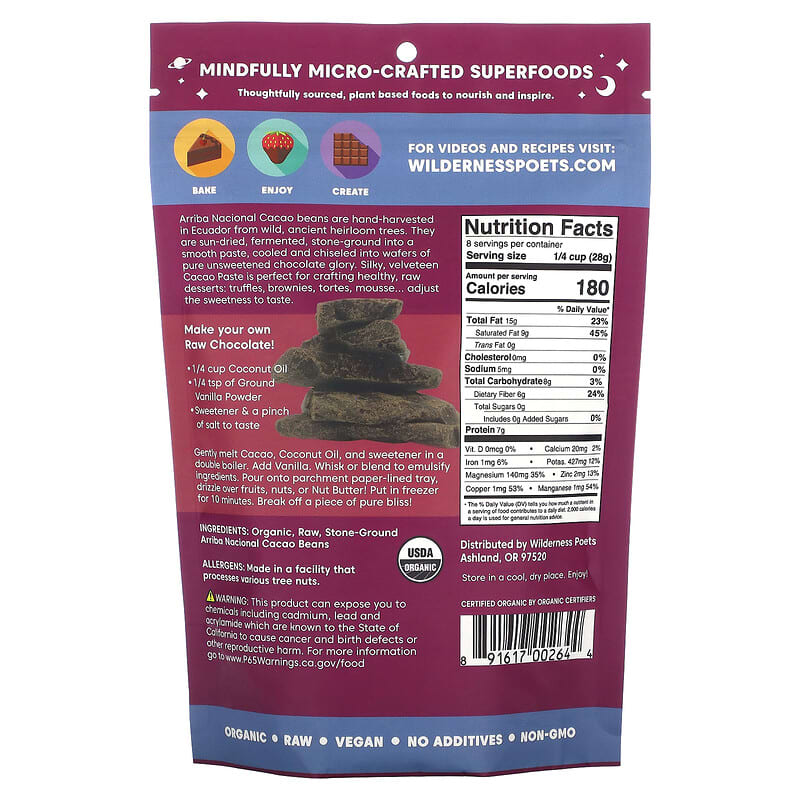 Wilderness Poets LLC Organic Arriba Nacional Cacao Paste Dark Chocolate 8 oz (226 g) 8 Thành phần vi chất Wilderness Poets LLC Organic Arriba Nacional Cacao Paste Dark Chocolate 8 oz (226 g) 891617002644