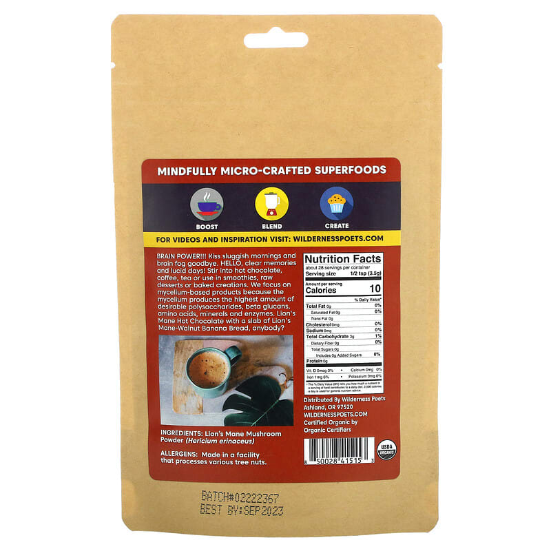Wilderness Poets LLC Organic Lions Mane Mushroom Powder 3.5 oz (99 g) 8 Thành phần vi chất Wilderness Poets LLC Organic Lions Mane Mushroom Powder 3.5 oz (99 g) 850028415153