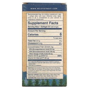 Wiley's Finest Wild Alaskan Fish Oil Vitamin K2 650 mg 60 Fish Softgels 857188004340