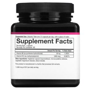 Youtheory B12 B6 Essential Daily Vitamins 1.000 mcg 60 Vegetarian Capsules 850021920340